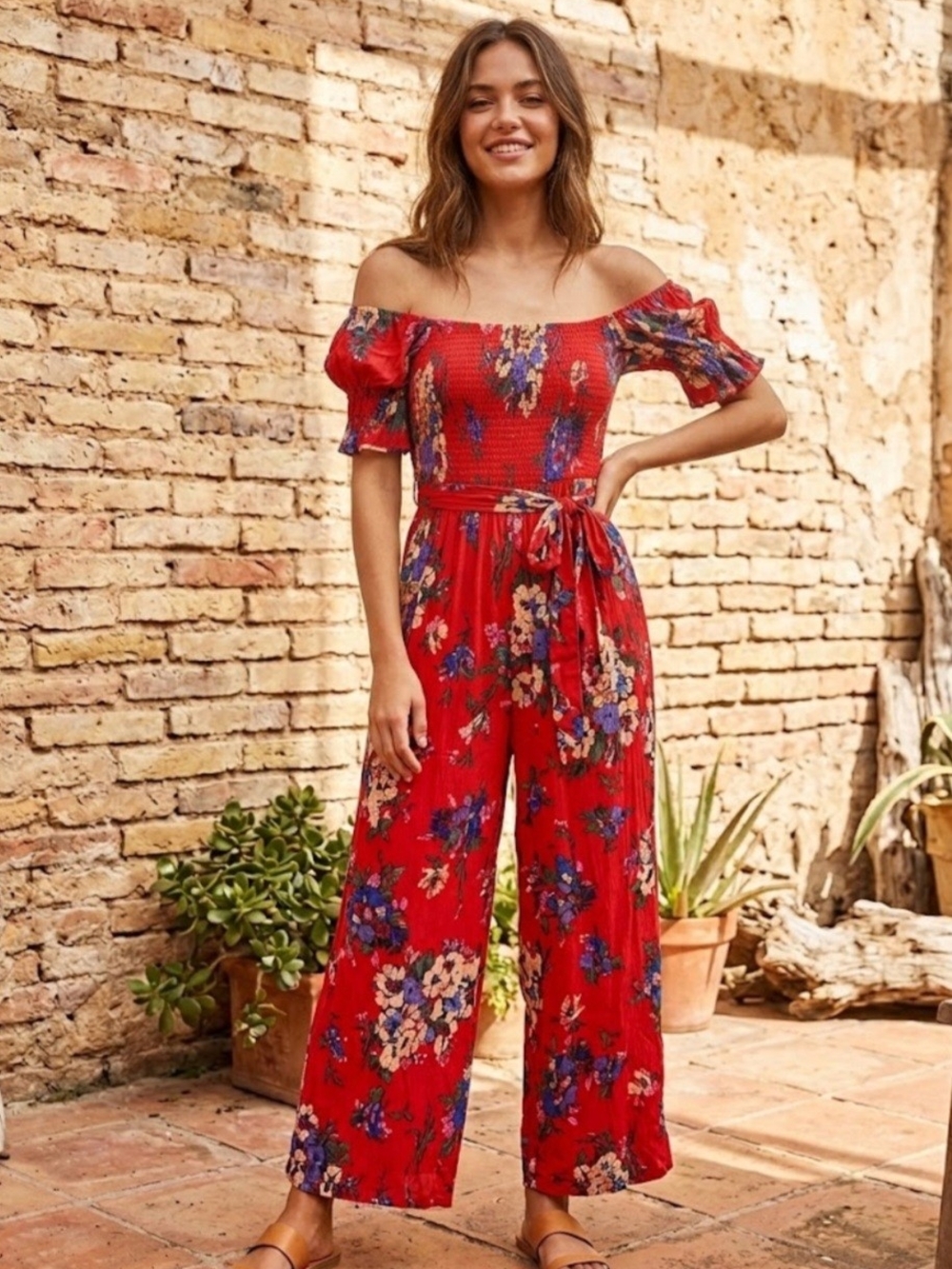 Band of Gypsies Red Floral Off-Shoulder Jumpsuit